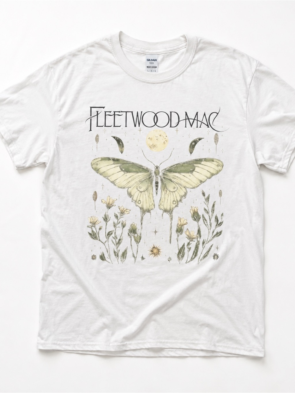Gildan White Fleetwood Mac Tee with Pale Green Moth & Cream Accents